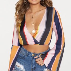 PrettyLittleThing Pink Satin Bold Stripe Flare Sleeve Blouse